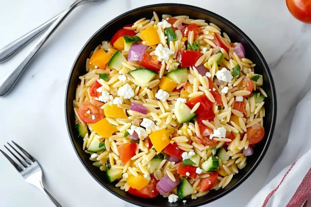 Colorful Rainbow Orzo Salad with Fresh Vegetables and Feta
