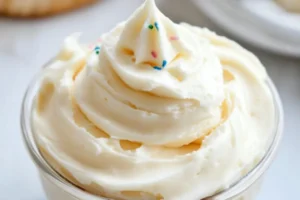 A bowl of smooth cream cheese frosting with a spatula

