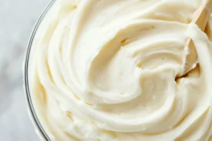 A bowl of smooth cream cheese frosting with a spatula

