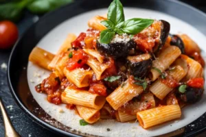 Pasta alla Norma with roasted eggplant, marinara sauce, and fresh basil on a plate