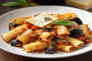 Pasta alla Norma with roasted eggplant, marinara sauce, and fresh basil on a plate