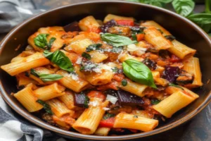 Pasta alla Norma with roasted eggplant, marinara sauce, and fresh basil on a plate