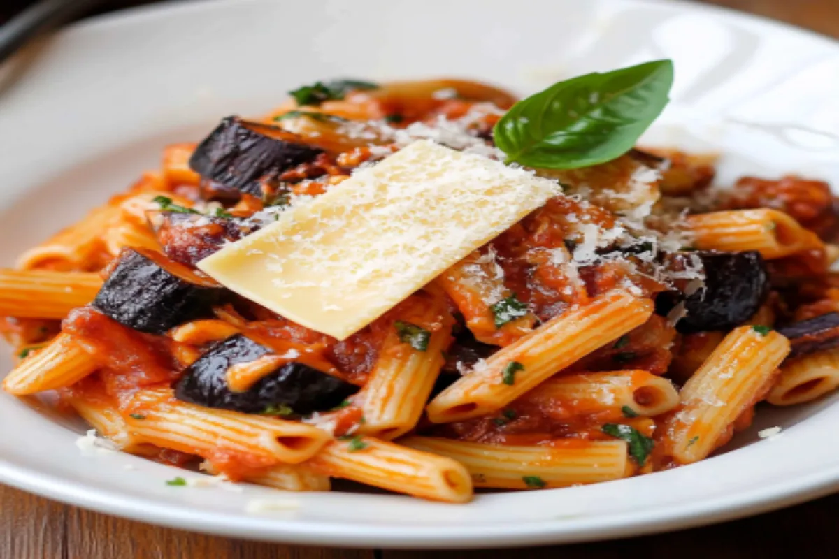 Pasta alla Norma with roasted eggplant, marinara sauce, and fresh basil on a plate