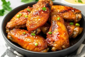 Crispy air fryer chicken wings served with dipping sauce.