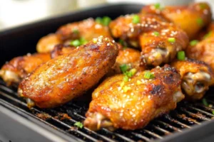 Crispy air fryer chicken wings served with dipping sauce.