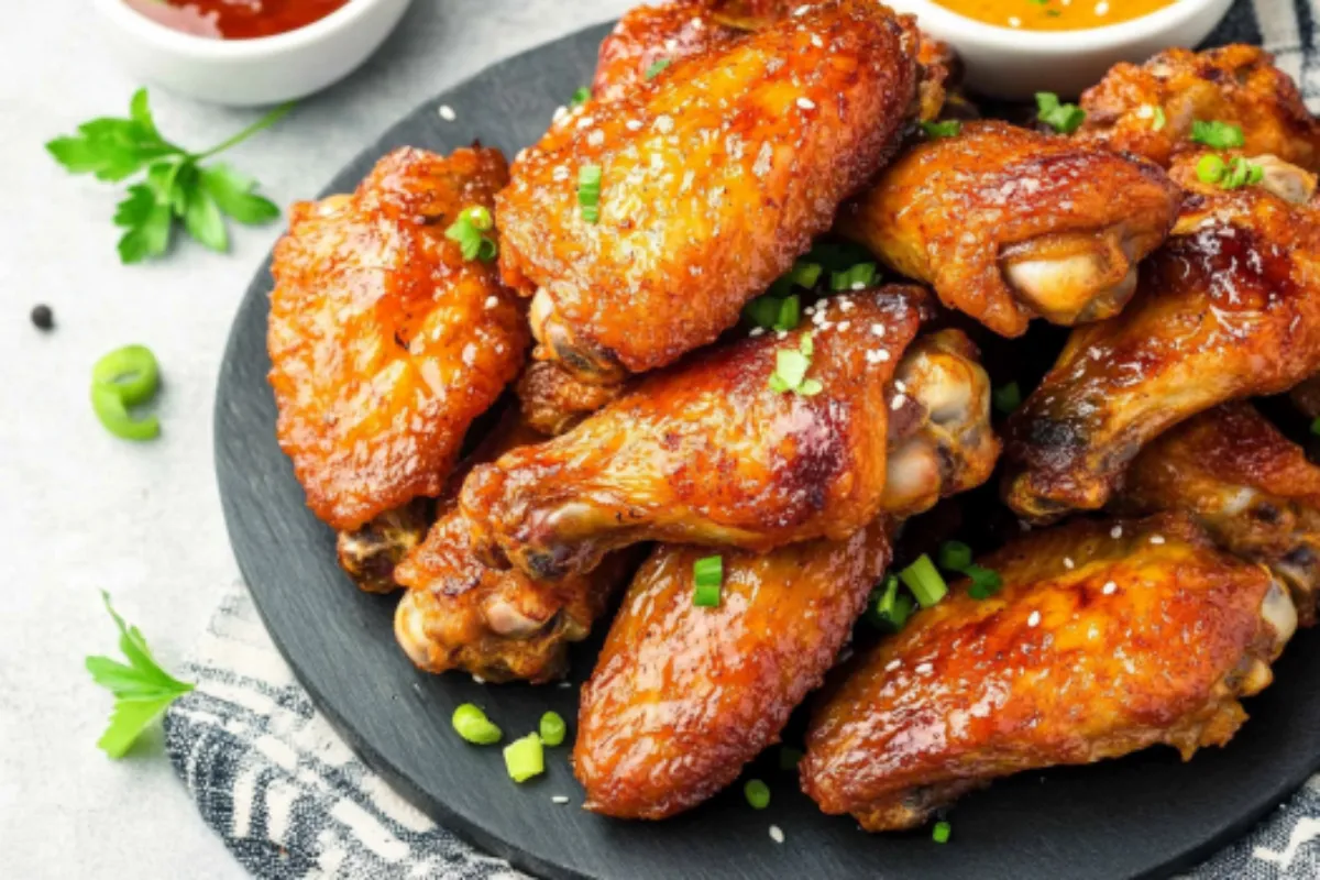 A plate of crispy, golden-brown air fryer chicken wings, served with a side of creamy ranch dipping sauce and celery sticks.