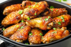 Crispy air fryer chicken wings served with dipping sauce.