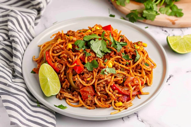 Easy CrockPot Taco Spaghetti