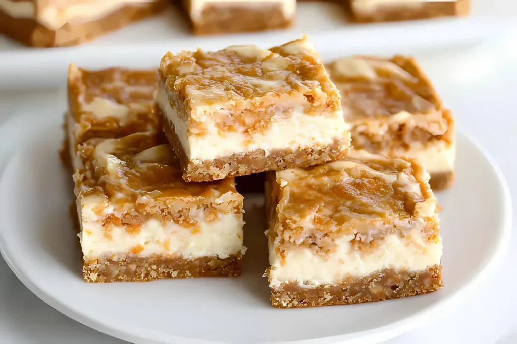 A stack of moist carrot cake bars with a rich cheesecake swirl