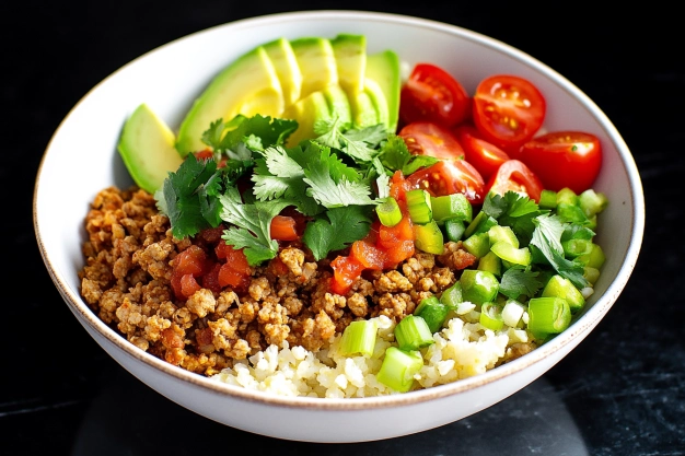 Instructions For Ground Turkey Taco Bowls with Cauliflower Spanish Rice