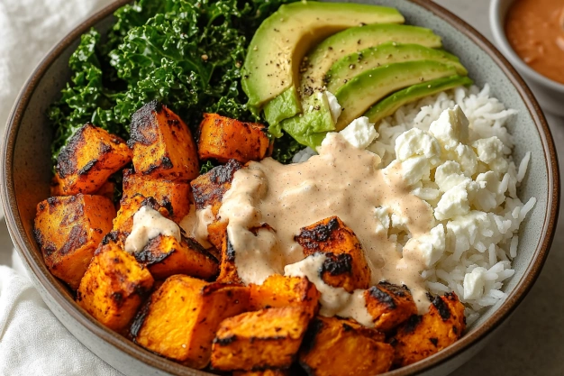 Roasted Sweet Potato, Chicken, Kale, and Rice Bowls for Two