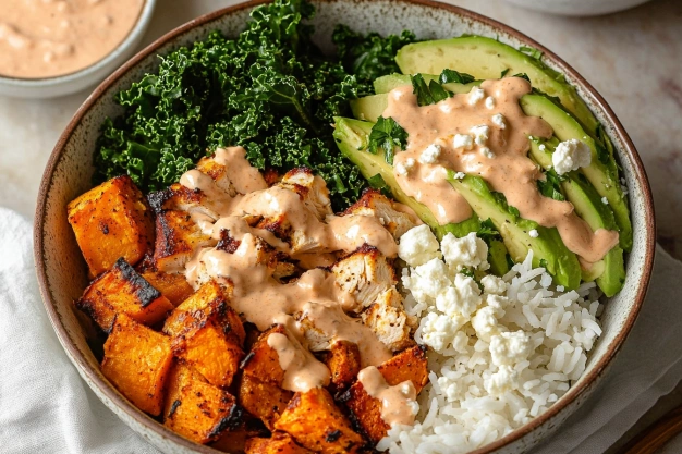 Roasted Sweet Potato, Chicken, Kale, and Rice Bowls