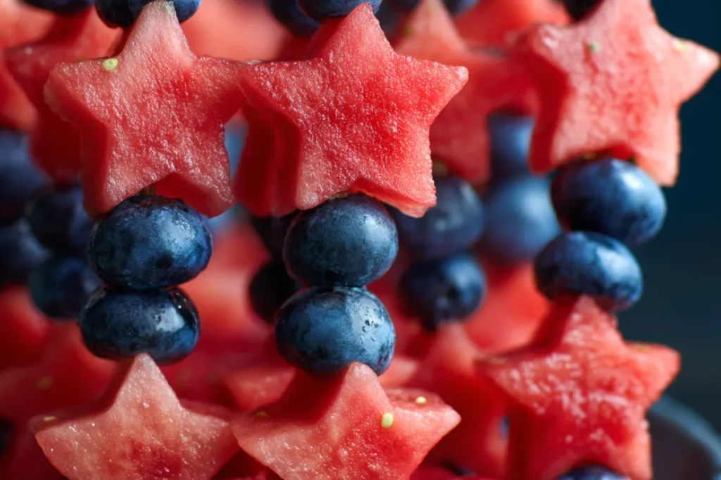 Easy Patriotic Fruit Kabob Skewers ready to serve at summer party