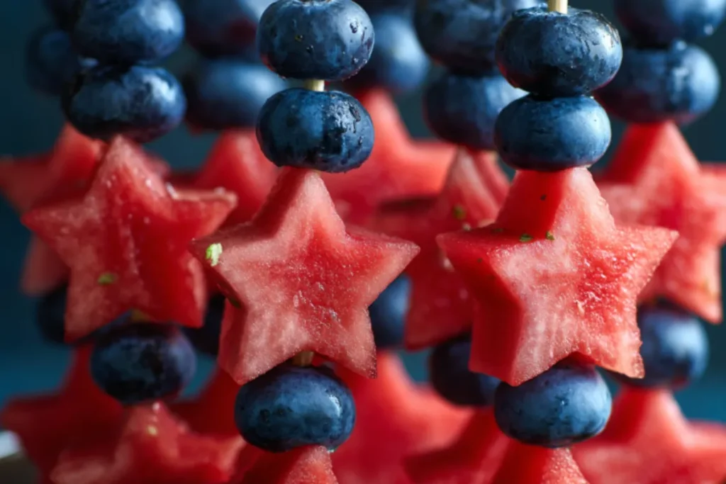 Easy Patriotic Fruit Kabob Skewers with watermelon stars and blueberries